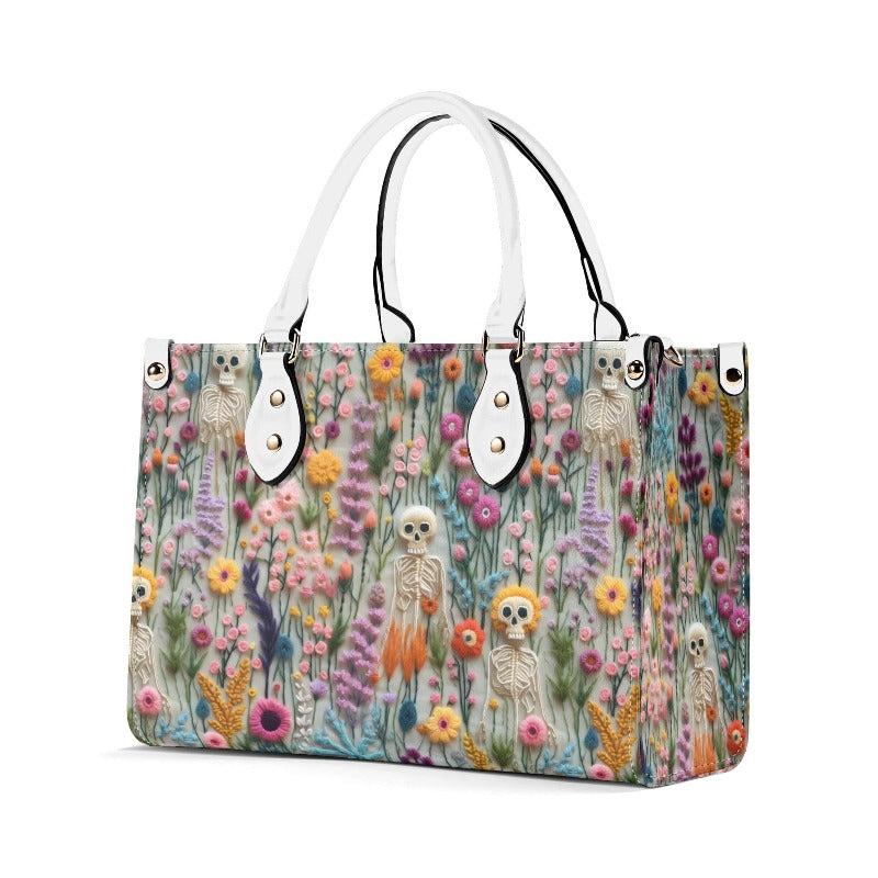 Floral Skeleton Faux Embroidery Vegan Leather Handbag
