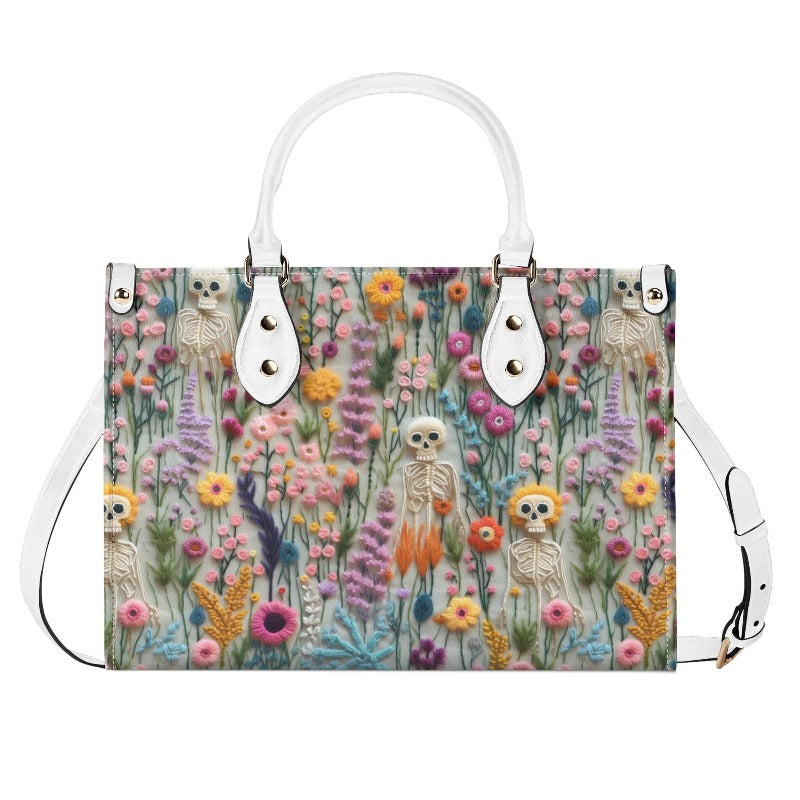 Floral Skeleton Faux Embroidery Vegan Leather Handbag