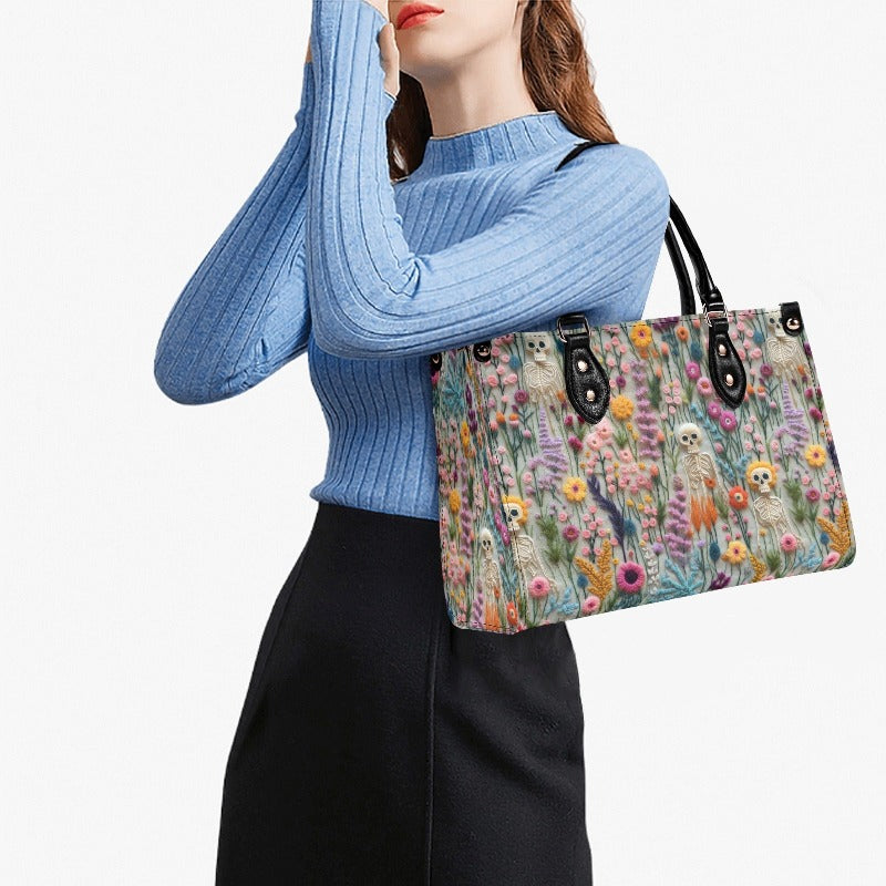 Floral Skeleton Faux Embroidery Vegan Leather Handbag