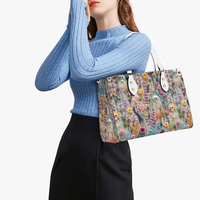 Floral Skeleton Faux Embroidery Vegan Leather Handbag