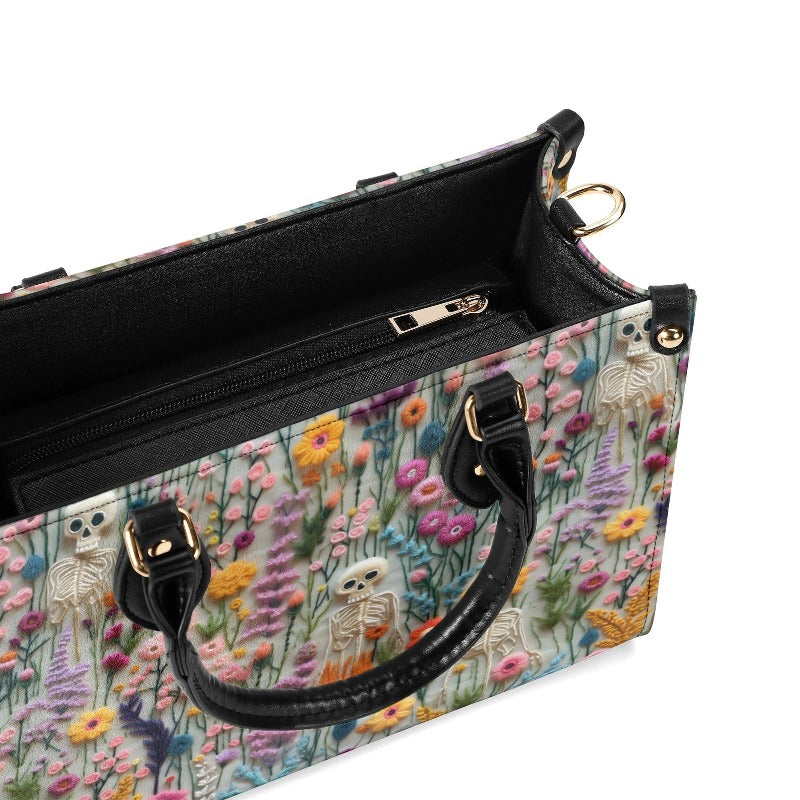 Floral Skeleton Faux Embroidery Vegan Leather Handbag