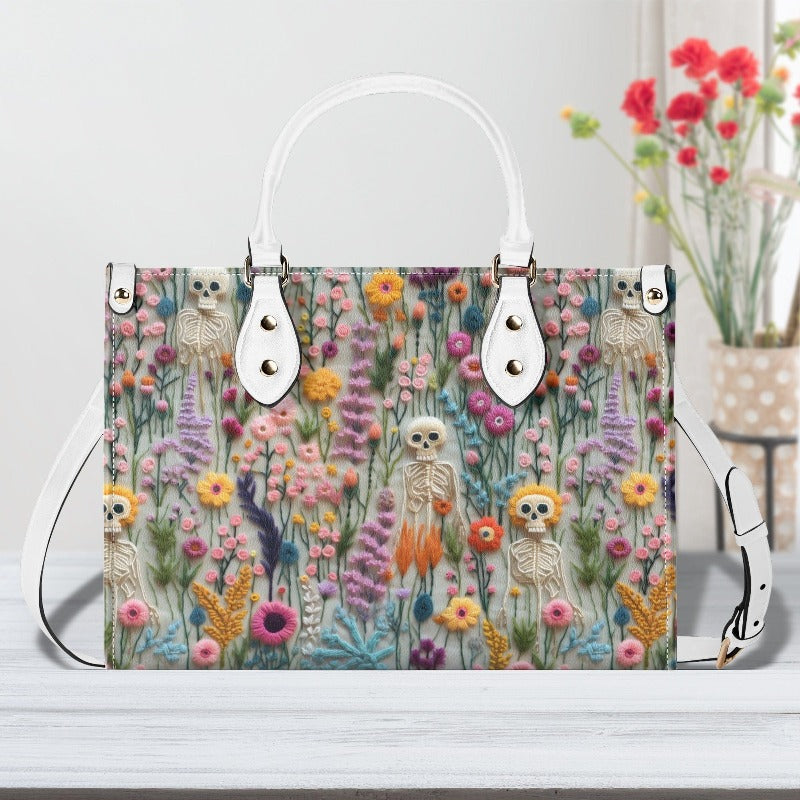 Floral Skeleton Faux Embroidery Vegan Leather Handbag