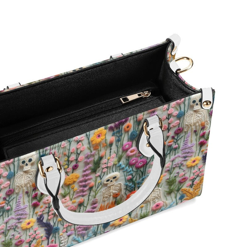 Floral Skeleton Faux Embroidery Vegan Leather Handbag