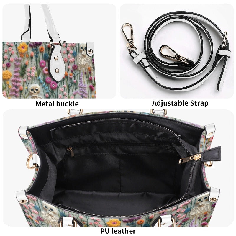 Floral Skeleton Faux Embroidery Vegan Leather Handbag