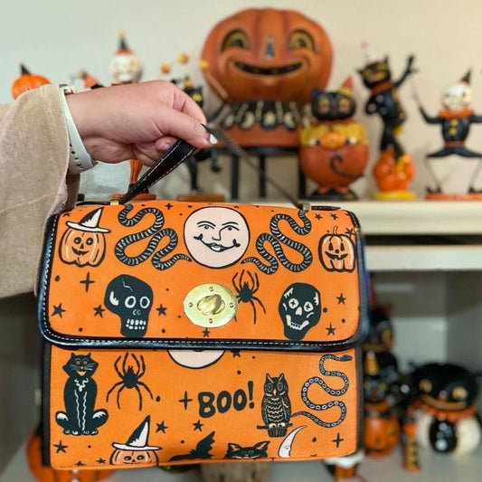 Vintage Halloween Satchel Bag with Black Trim