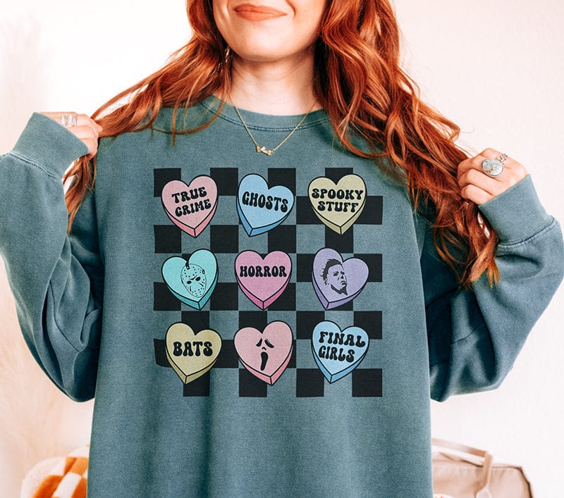 Valloween Checkerboard Conversation Hearts Garment-Dyed Sweatshirt