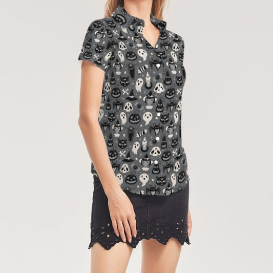 Grey Spookies Women's Short Sleeve Button Up