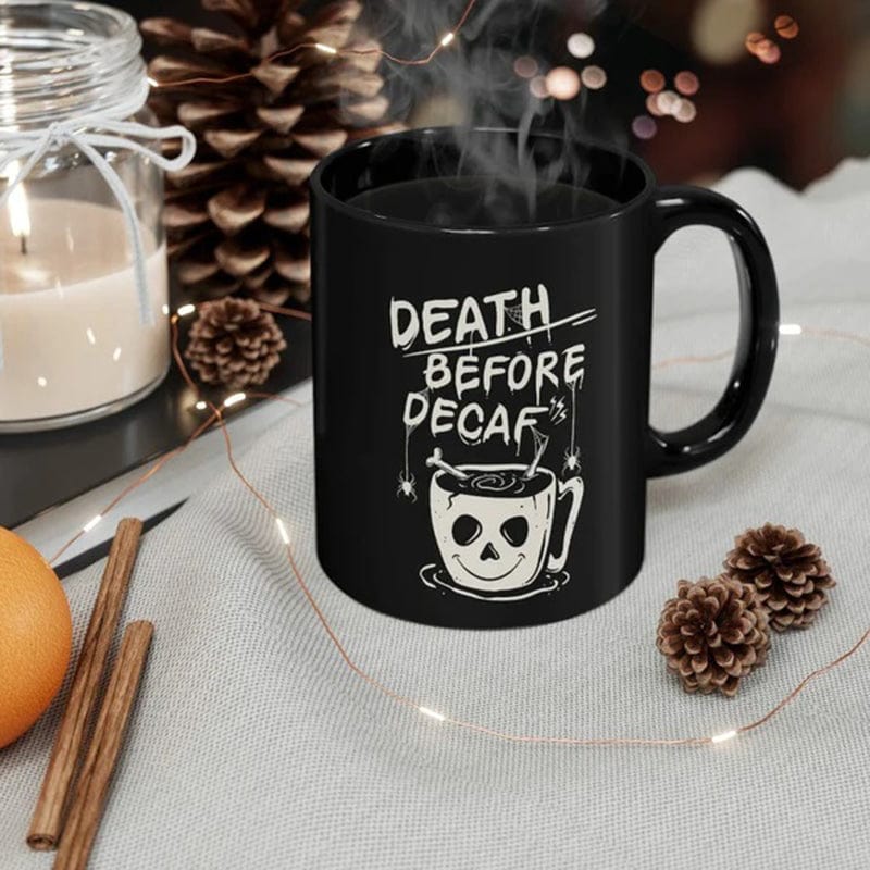 Death Before Decaf Black Ceramic Mug
