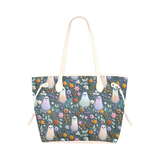 Whispy Ghost Floral Faux Embroidery Canvas Tote Clover Canvas Tote Bag (Model 1661)