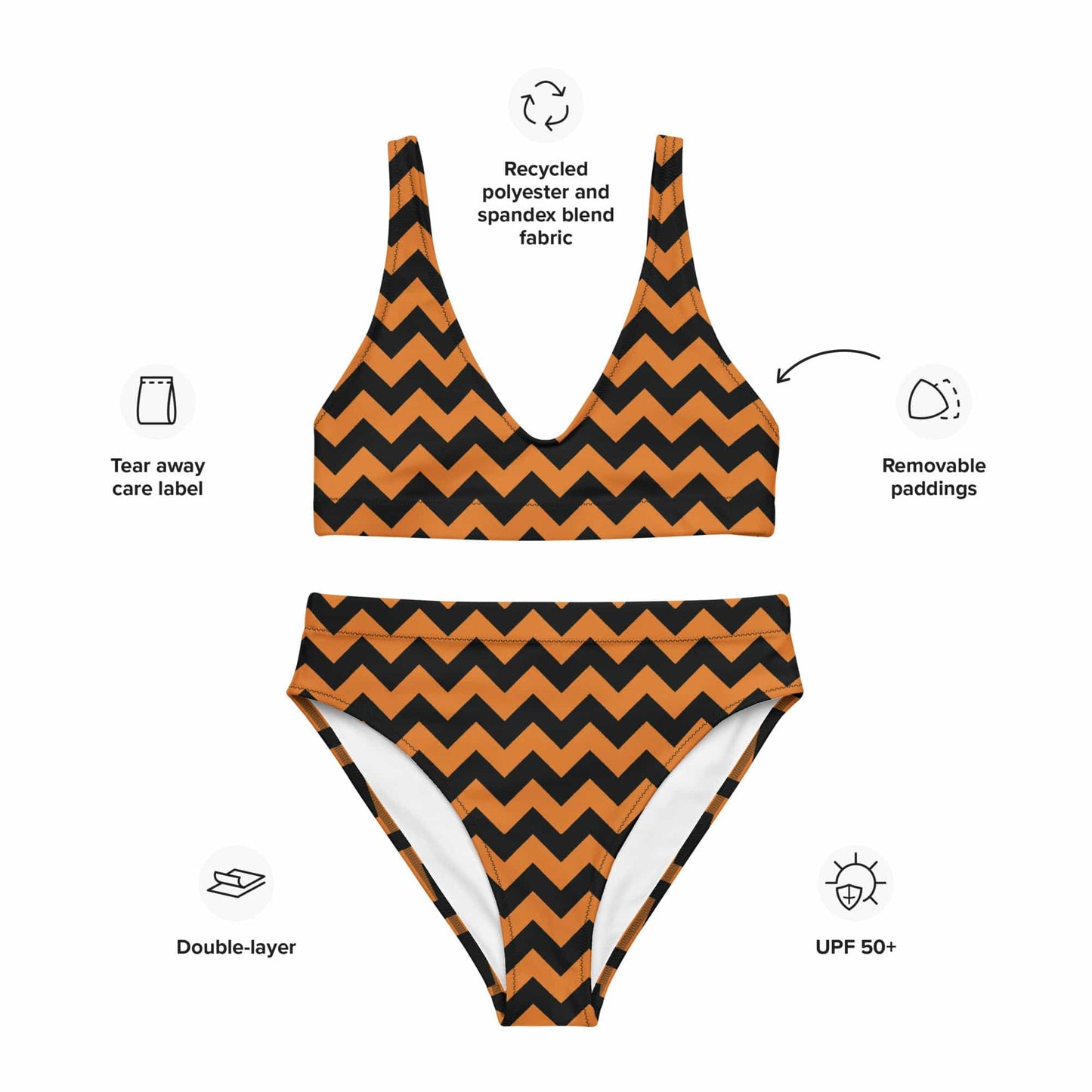 Orange and Black Herringbone Recycled high-waisted bikini