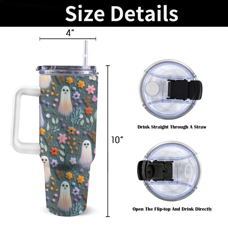 Ghost Floral Faux Embroidery 40oz Tumbler with Handle