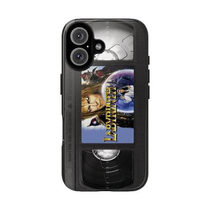 A black protective phone case designed to look like a VHS cassette tape, featuring a 'Labyrinth' movie graphic on the front with characters and the movie title.
