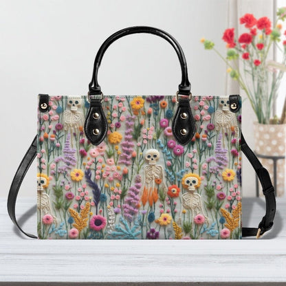 Floral Skeleton Faux Embroidery Vegan Leather Handbag