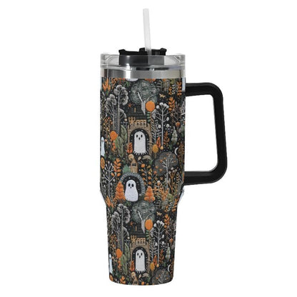 Ghostly House 40oz Stainless Steel Tumbler Gift With Black Handle and Straw