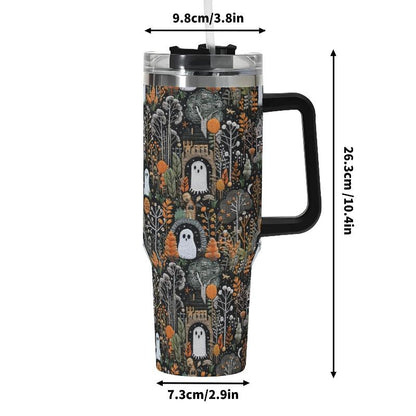 Ghostly House 40oz Stainless Steel Tumbler Gift With Black Handle and Straw