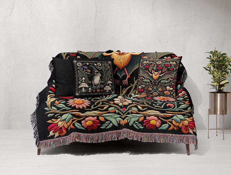 Bat Embroidery Style Woven Pillow