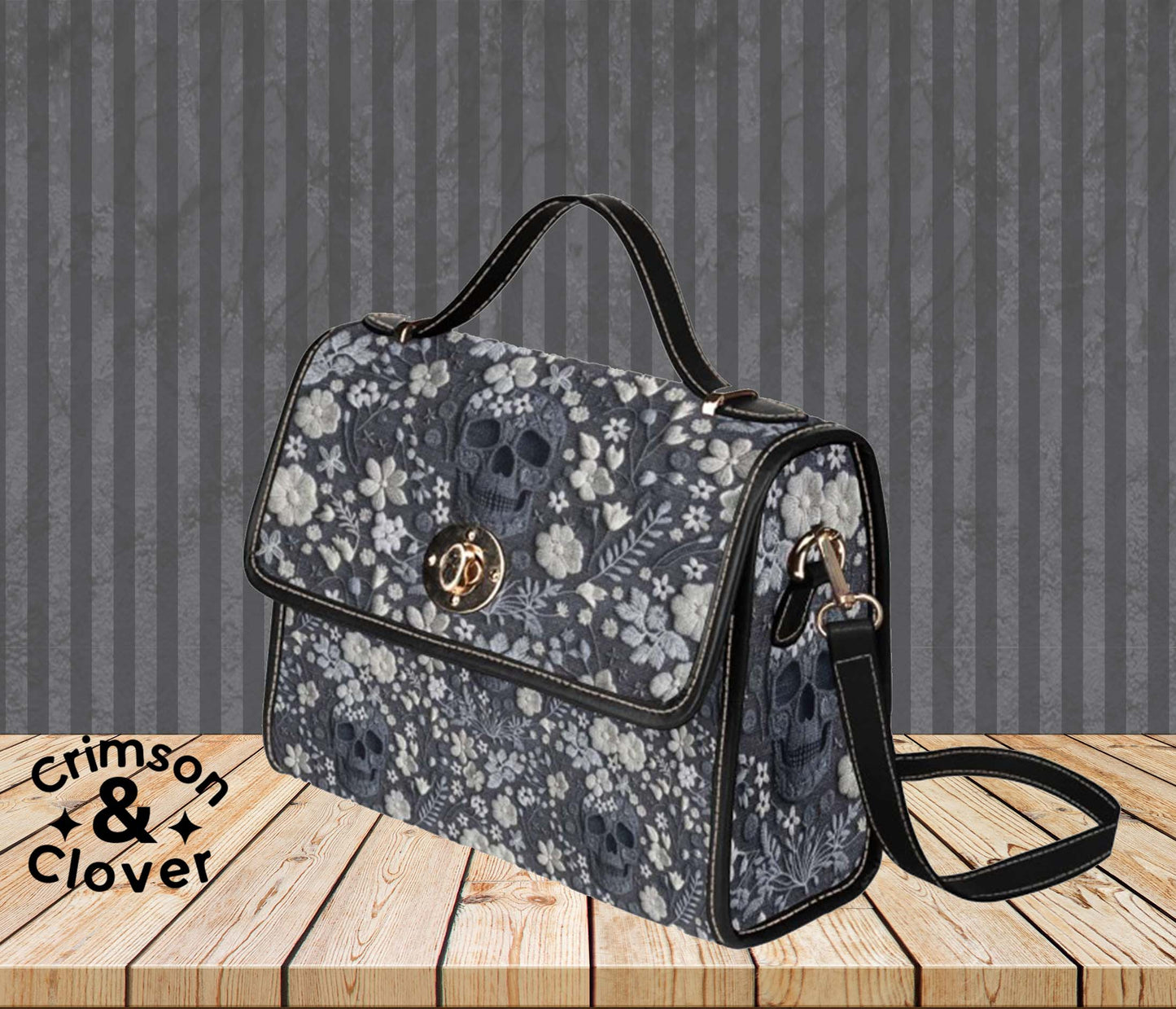 Skull Faux Embroidery Style Canvas Bag with Black Trim