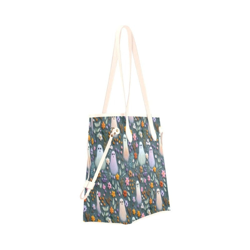 Whispy Ghost Floral Faux Embroidery Canvas Tote Clover Canvas Tote Bag (Model 1661)