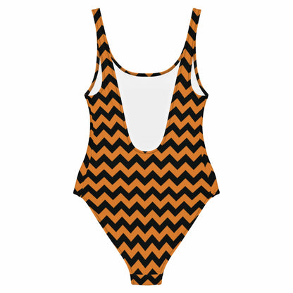Orange and Black Herringbone Print One-Piece Swimsuit